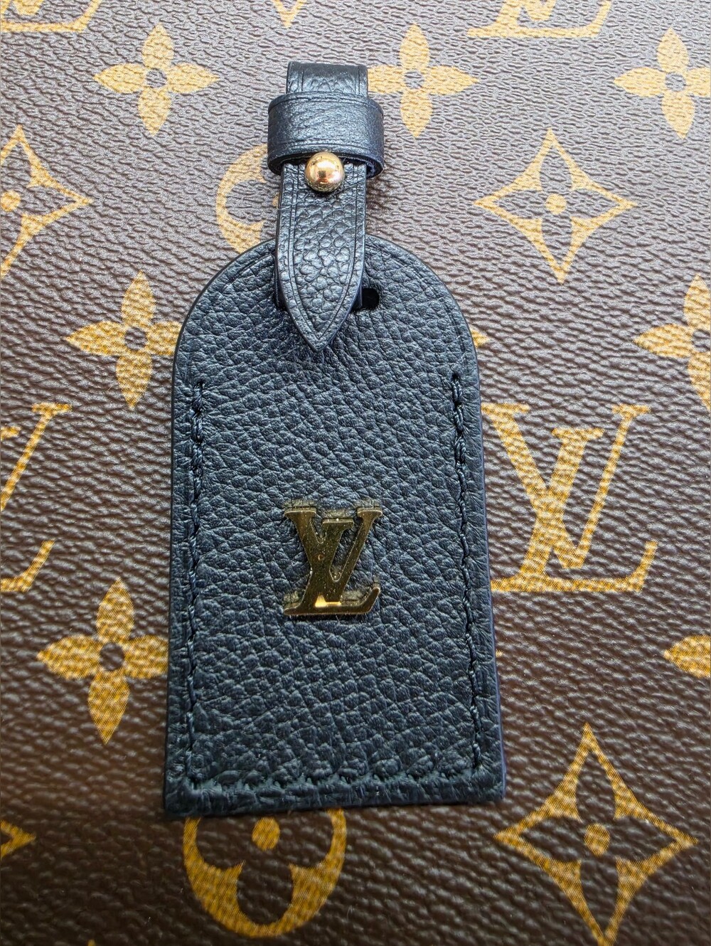 Louis Vuitton Black Leather Name Tag with Gold LV Emblem